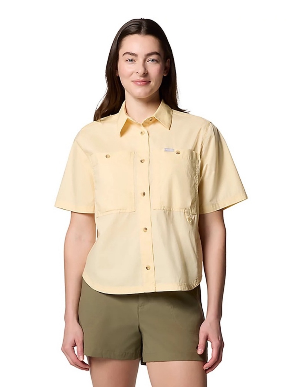 columbia women's relaxed fit short sleeve button down yellow nwt